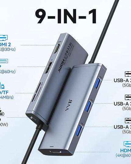 Docking Station VVB USB C Adapter,9 in 1 Triple Display USB C Hub Multiport Adapter Dongle with 2 HDMI 4K+DisplayPort+3 USB+100W PD+SD/TF Card Reader for Dell/HP/Lenovo Laptop Type C Laptops