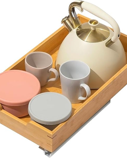 HOLDN’ STORAGE Bamboo Wooden Pull out Cabinet Organizer 11" W x 20" D - Requires At Least a 12.25" W x 21" D. Cabinet Opening. W/Lifetime Limited Warranty. Bamboo Tray and Heavy gauge metal rails.