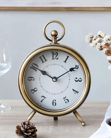 MACVAD Vintage Table Clock on Stand, Decorative Desk and Shelf Clock Farmhouse Mantel Non-Ticking Clock Rustic Metal Frame with Antique Gold Finish
