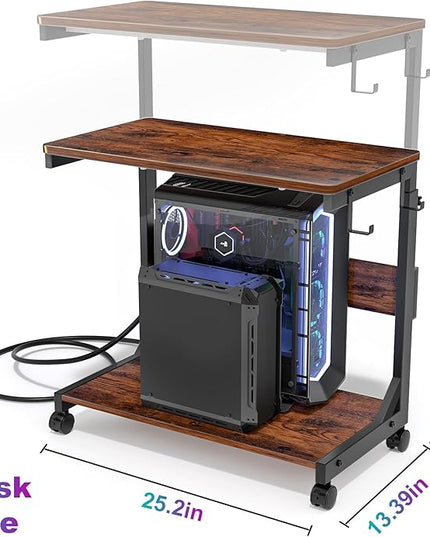 Height Adjustable Computer Tower Stand with Charge Station and USB Charging Port, 2-Tier ATX-Case Cart, Under Desk Mobile PC Stand, CPU Holder Cart with Locking Caster Wheels for Fits Most PC