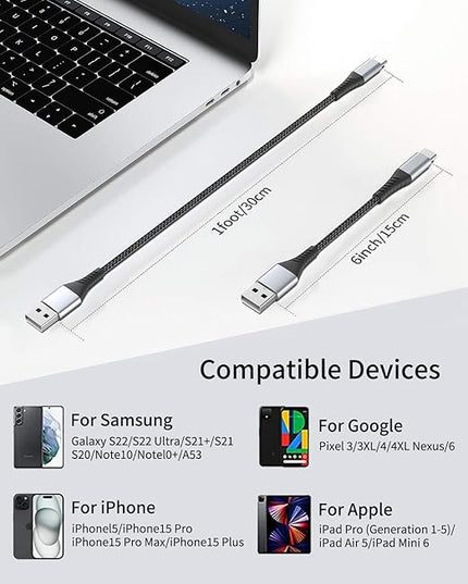 Short USB C Cable 1FT, 3-Pack USB A to USB C Cord 1 Foot USB C Charger Cable Fast Charging Braided USB Type C Short Cable for iPhone 16 15 Pro Max, Samsung Galaxy S24 S23, Moto G8, Google Pixel