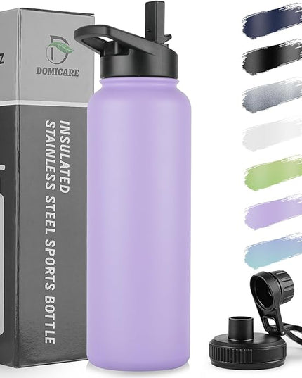 DOMICARE 40 oz Insulated Water Bottle, Vacuum Insulated Stainless Steel Sports Water Bottle with Straw Lid & Spout Lid, Leakproof, Reusable - Travel, Camping, Bike, Purple