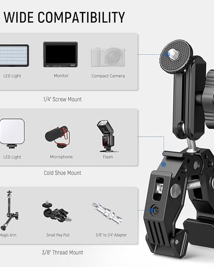 NEEWER Super Clamp Magic Arm Camera Mount with Phone Holder Action Cam Adapter Ball Heads 1/4" Threads Cold Shoe Cleaning Cloth Compatible with SmallRig GoPro for Desk Tripod Crossbar Gimbal Rod, ST83