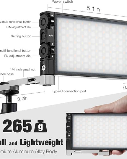 Pixel G1s RGB Video Light with APP Control, 12W 6400mAh 210 Minutes Rechargeable Battery LED Camera Light, 10 Common Lighting Effects, CRI≥97 2500-8500K LED Video Light with Aluminum Alloy Body