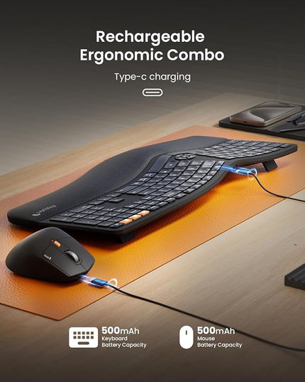 ProtoArc Ergonomic Wireless Keyboard Mouse, EKM01 Plus Full Size Ergo Bluetooth Keyboard Mouse Combo, Split Design, Wrist Rest, Multi-Device, Rechargeable, for Windows/Mac OS - Black