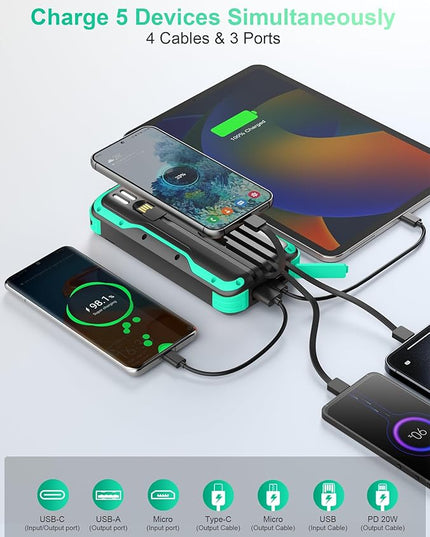 Solar Charger Power Bank, PD 20W Fast Charging External Batter, 40000mAh Portable Phone Charger Built in 4 Cables with Dual Bright Flashlights for Camping, Hiking, and Outdoor Use（Green）
