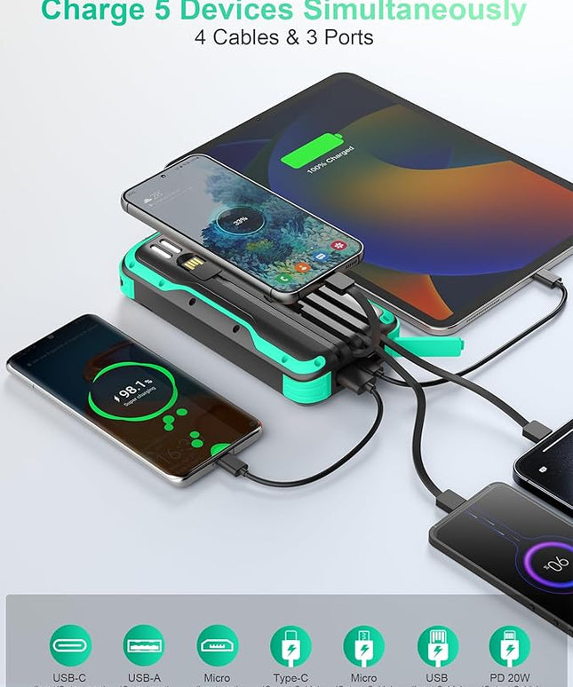 Solar Charger Power Bank, PD 20W Fast Charging External Batter, 40000mAh Portable Phone Charger Built in 4 Cables with Dual Bright Flashlights for Camping, Hiking, and Outdoor Use（Green）