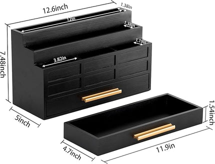 dreampossible Black Wood Desk Organizer and Accessories with Drawer, Bill Mail Organizer and File Mail Holder for Office Supplies, Rustic Desk Accessories & Workspace Organizers for Desk Organization