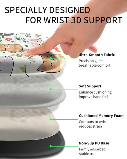 Hokafenle Ergonomic Wrist-Hugging Mouse Pad Wrist Support, U-Shaped Holding Wrist Rest Mousepad for Carpal Tunnel Pain Relief with Cushioned Memory Foam Slope Massage Bulge (10.2x8.3 in,Cute Cat)