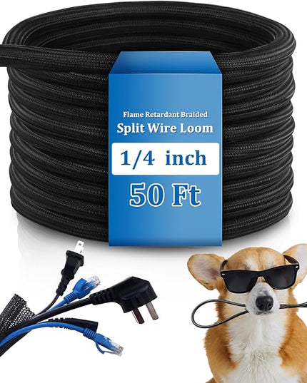 Pangda 50ft Split Wire Loom Tubing Flame Retardant Braided Cable Sleeve Split High Temperature Cable Conduit Auto Wire Conduit for Industrial Electrical Tinsel Automotive Marine(50 Ft, 1/4")