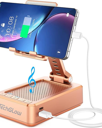 TechGlow Gifts for Men Women Foldable Cellphone Stand with Bluetooth Speaker and Charging Function Birthday Gift Idea for Mom Dad Cool Gadget Tech Gifts-Rose Gold