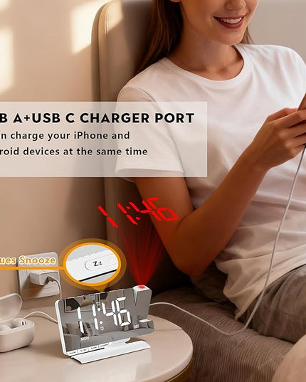 SZELAM Digital Clock,Alarm Clock Bedside with Projection,7.3" Mirror Clock with 180°Rotating Projector,Dual Alarm with 3 Mode,Brightnee Adjust,DST,Snooze,Charging Port,5 Levels Volume for Desk Teens