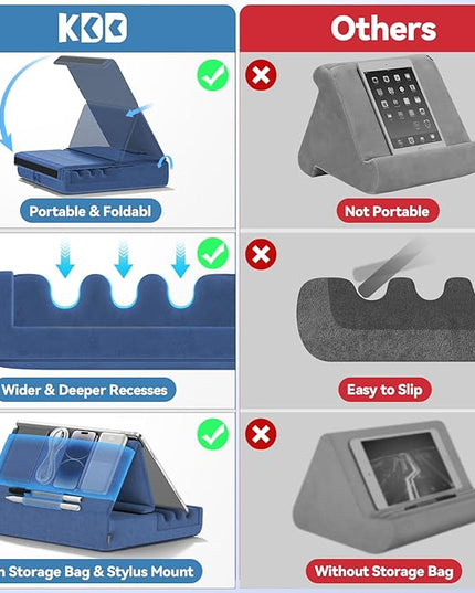 KDD Tablet Pillow Holder, Foldable iPad Stand for Lap, Bed and Desk -Tablet Soft Pad Dock with Pocket & Stylus Mount Compatible with iPad Pro 12.9, 10.5, 9.7 Air Mini 6 5 4 3, Galaxy Tab,E-Reader