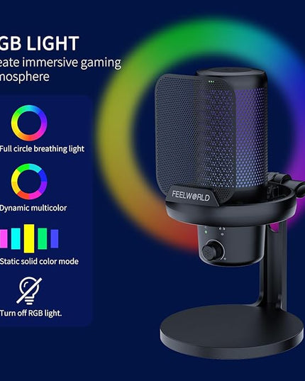 FEELWORLD VM1 Gaming PC USB Microphone Condenser Mic with Noise Cancellation Mute RGB Light, Computer Accessories Gifts for Gamer YouTube Twitch Podcast Streaming Recording Online Chat PS4 PS5