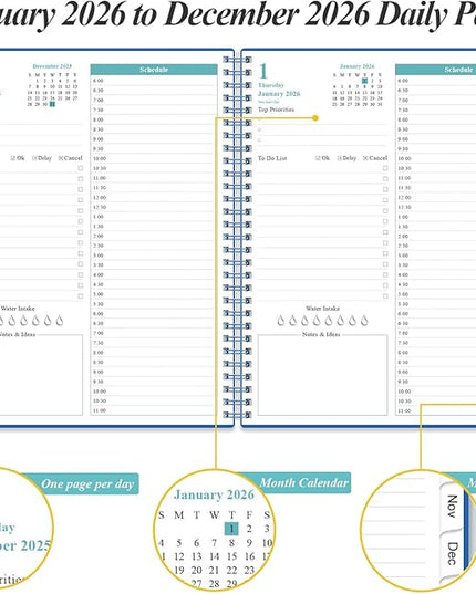 Daily Planner 2026 Full Page Per Day- 2026 Daily & Monthly Planner from January 2026 to December 2026, Day Planner 2026 with 12 Months Tabs, 8.5" x 11", Blue