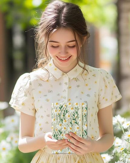 Daisy Gifts, Embroidered Journal, Floral Notebook, A5, 8"x6", Lined, Wide Ruled Paper, Hardcover, Lay Flat, Pretty Journal for Women, Personal Journal, White Daisy Flowers, with Elastic Band