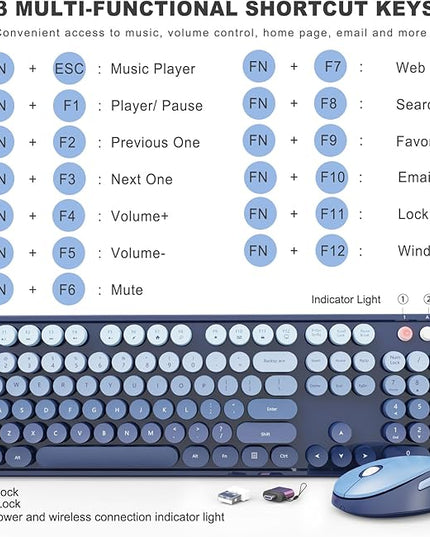 Wireless Keyboard and Mouse Combo, Ergonomic Full Size Typewriter Retro Round Keycaps Keyboard, Compatible with Windows, PC, Perfer for Home and Office Keyboards (Twilight Blue