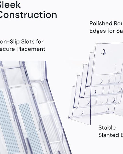 Acrylic Brochure Holder, 4 Tier Clear Literature - 8.5 x 11 inches, Pamphlet Holder, Wall Mount/Countertop Plastic Flyer Display Stand Organizer for Display Flyer, Booklet, Document