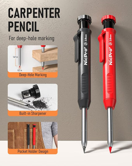 Nicpro 11 Pack Carpenter Pencil Set with Sharpener, Mechanical Carpenter Pencils with 40 Refill, Automatic Center Punch and Carbide Scribe Tool, Heavy Duty Construction Pencil for Architect-With Case