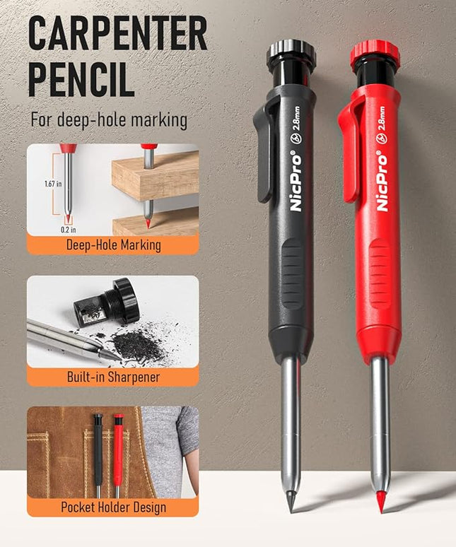 Nicpro 11 Pack Carpenter Pencil Set with Sharpener, Mechanical Carpenter Pencils with 40 Refill, Automatic Center Punch and Carbide Scribe Tool, Heavy Duty Construction Pencil for Architect-With Case