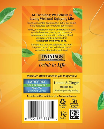 Twinings Decaffeinated Earl Grey Black Tea Individually Wrapped Bags, 20 Count (Pack of 6), Flavoured with Citrus and Bergamot, Enjoy Hot or Iced, 120 Teabags