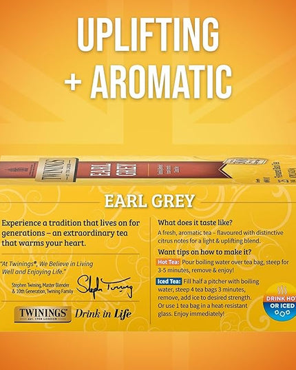 Twinings Earl Grey Black Tea Individually Wrapped Bags, 25 Count (Pack of 6), Flavoured with Citrus and Bergamot, Caffeinated, Enjoy Hot or Iced, 150 Teabags
