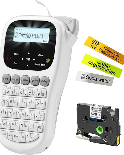 Label Maker Waterproof-Labels, Handheld Label Maker Machine with-Tape 12mm 0.47 Laminated White, Backlit Screen Multiple Fonts & Symbols, Portable Keyboard Labeler for Home Office School Use, H1100