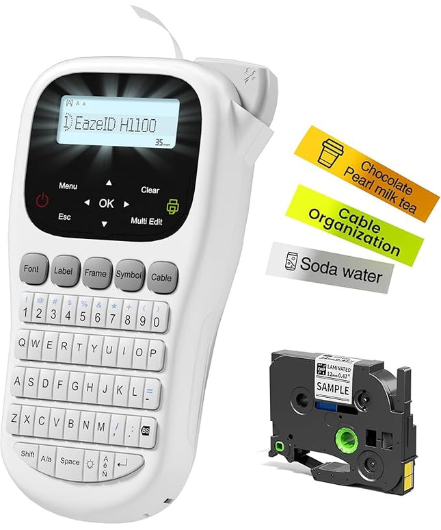 Label Maker Waterproof-Labels, Handheld Label Maker Machine with-Tape 12mm 0.47 Laminated White, Backlit Screen Multiple Fonts & Symbols, Portable Keyboard Labeler for Home Office School Use, H1100