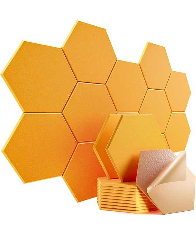 12 Pack Self-Adhesive Acoustic Panels 12" X 10" X 0.4" - Sound Proof Foam Panels with High Density, Hexagonal Design, Flame Resistant, Absorb Noise and Eliminate Echoes(Orange Yellow)