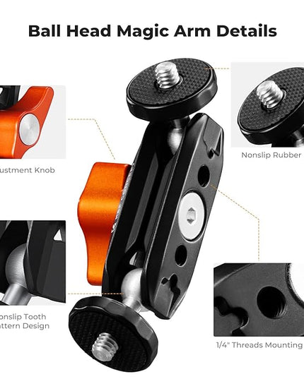 K&F CONCEPT Dual Ball Heads Magic Arm, Articulating Mini Magic Arm with 1/4" Screw, 360° Swivel Aluminum Alloy Camera Monitor Mount Arm for Camera, Light, Microphone, Monitor