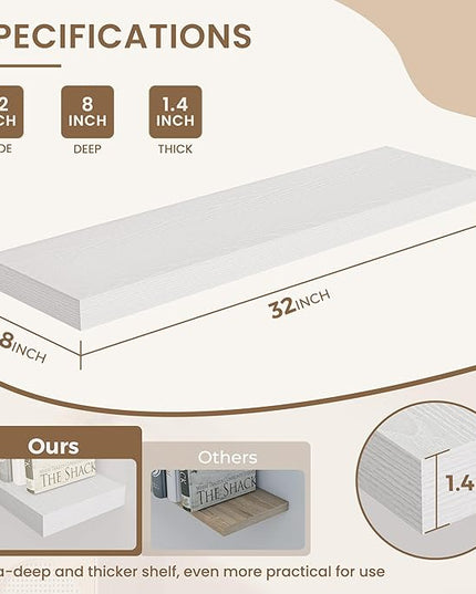 Dreamland 8" Deep Long Floating Shelves, 32 Inches Floating Shelves for Wall Set of 2, Large Display & Storage Shelf, Wall Shelf for Bathroom Bedroom Living Room Kitchen Office, White
