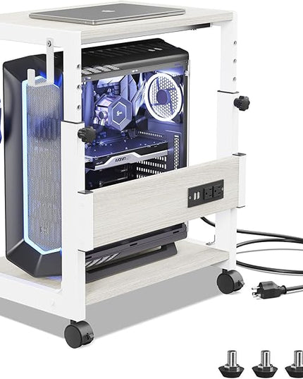 Computer Tower Stand with Charge Station and USB Charging Port - Height Adjustable PC Tower Stand, Under Desk CPU Holder Cart with Locking Caster Wheels for Fits Most PC