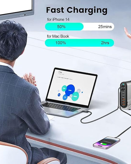 USB C Fast Charger : Fast Charging Station : 285W-8 Port Desktop Multiple Devices Power Adapter for Laptop MacBook Pro/Air, DELL, Tablet iPad Pro/Air, iPhone 16/15/14, Galaxy S23/22