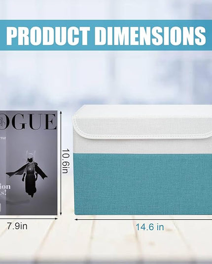 Large 22 Quart Linen Fabric Foldable Storage Bin Cube Organizer Basket with Flip-Top Lid & Handles, Clothes Blanket Box for Home, Office, Closet, Teal & White, 4 Pack 14.6 x 9.5 x 9.5