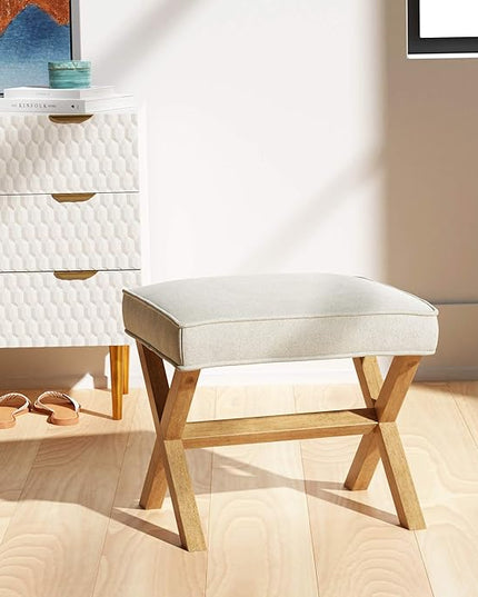 Amazon Basics Small Ottoman Foot Rest, Mid-Century Modern X Square Polyester Foot Stool, Linen, Ivory White, 18"D x 19.8"W x 18.3"H