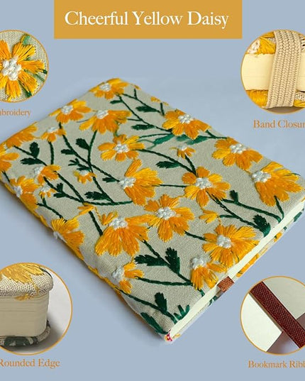 Daisy Gift, Flower Journal, Embroidered Notebook, Beautiful Journals for Women, 8"x6", Hardcover, Lay Flat, A5, Lined Paper, Wide Ruled Page, Writing Journal, Yellow Daisy, with Elastic Band