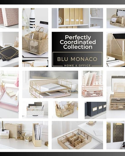 BLU MONACO Set of 4 Magazine Holders | White Marble Design with Gold Label Holders | Foldable File Organizer Boxes for Desk, Office & Classroom | Stylish Paper & Magazine Storage