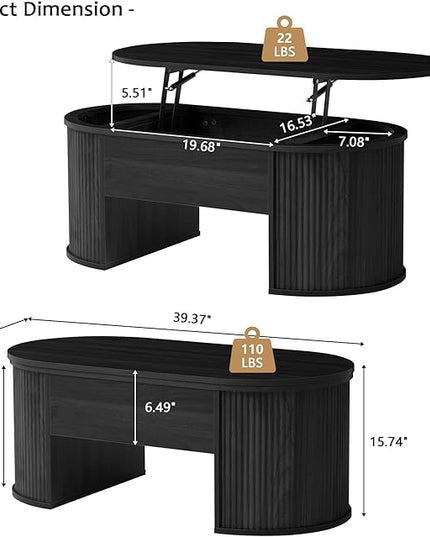 QHITTY Fluted Coffee Table with Lifting Top, Oval Wood Lift Top Coffee Table with Hidden Compartment, Mid Century Pull up Center Tables for Living Room, Office - Black
