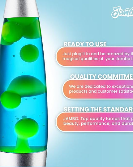 JAMBO 16-Inch Beautiful Lamp with Wax, Relaxing Night Light Home Decor, Extra Tall, Living Room Office Bedroom Lamp for Adults, Teens, Kids (USB, Auto Shut Off, Silver Base, Blue Liquid, Yellow Wax)