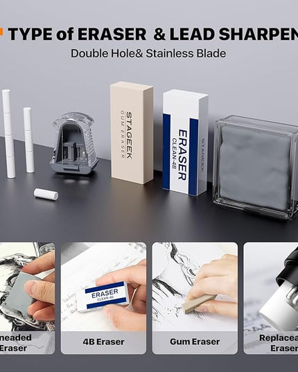 STAGEEK 35PCS Black Art Mechanical Pencil Set in Case，0.5 0.7 0.9 2.0 Graphite Metal Drawing Drafting Pencils, Sharpener Erasers 384PCS Lead Refills (6B 4B 2B HB 2H 4H Colors) for Writing Sketching