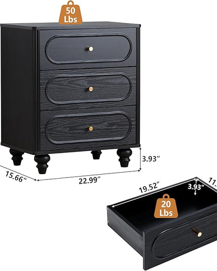 Fluted 3 Drawer Dresser for Bedroom, Modern Mid Century Chest of Drawers, Wood Storage Small Dresser Organizer for Bedroom Living Room Hallway Closet, Black