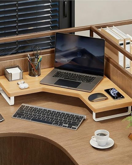 Corner Monitor Stand Riser, Wooden Triangular Computer Shelf, Space-Saving Desktop Organizer for L-Shaped & Corner Desks & Office Desk Accessories(Natural,40x25x14cm)