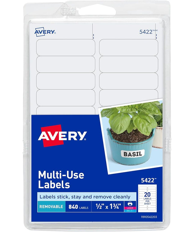 Avery Self-Adhesive Removable Labels, 0.5 x 1.75 Inches, 840 Per Pack, White Label Stickers (05422)