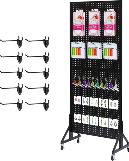 Eastern Tree 2.5'x 6' Metal Pegboard Display Stand with T-Base, Black Peg Board Panels Display with Casters, Standing Pegboard Display, Retail Display Stand, Extra 10 Pieces Hooks, Black
