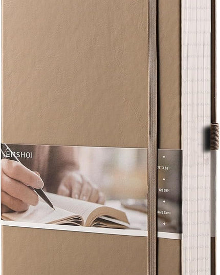 EMSHOI A5 Graph Paper Notebook - 256 Pages PU Leather Hardcover Journal, 120gsm Thick No-Bleed Grid Paper Notebook for Women Men Work School Math Engineering, 5.75" x 8.38" Khaki