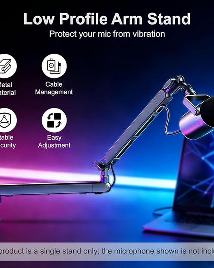 Microphone Boom Arm - Heavy Duty Low Profile Metal Mic Arm Stand with Desk Clamp & Cable Management, 360° Rotatable, Fits Shure SM7B/MV7, Blue Yeti, Fifine AM8, AT2020 for Podcasting & Gaming
