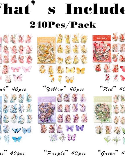 SIBLYMONA Vintage Fairy Stickers 240Pcs Transparent Stickers for Scrapbooking Journaling, Floral Butterfly Cottagecore Junk Journal Scrapbook Supplies, Rub On Transfers for Crafts (240, Pink&Blue)