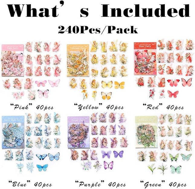 SIBLYMONA Vintage Fairy Stickers 240Pcs Transparent Stickers for Scrapbooking Journaling, Floral Butterfly Cottagecore Junk Journal Scrapbook Supplies, Rub On Transfers for Crafts (240, Pink&Blue)
