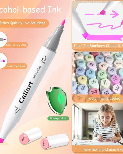 Caliart Pastel Markers, 100 Colors Dual Tip Art Markers Sketch Pens Permanent Alcohol Based, with Case for Adults Artists Drawing Illustration Sketching Coloring