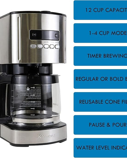 Kenmore Drip Coffee Maker - 12 Cup Programmable Cafe Machine With Glass Pot, Regular & Bold Brew, Auto Shut Off Large Water Reservoir, Reusable Filter, Kitchen Appliances For Cafeteria Barista, Black